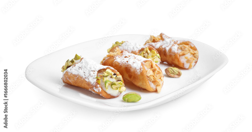 Delicious cannoli with ricotta cheese, peanuts, pistachios and powdered sugar isolated on white Delicious cannoli with ricotta cheese, peanuts, pistachios and powdered sugar isolated on white