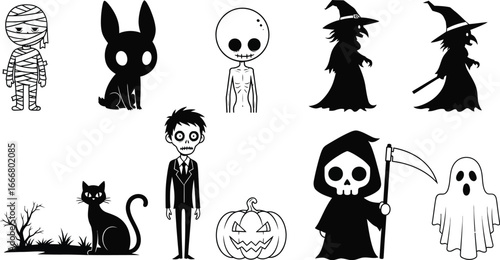 Halloween characters vector illustration spooky season black and white