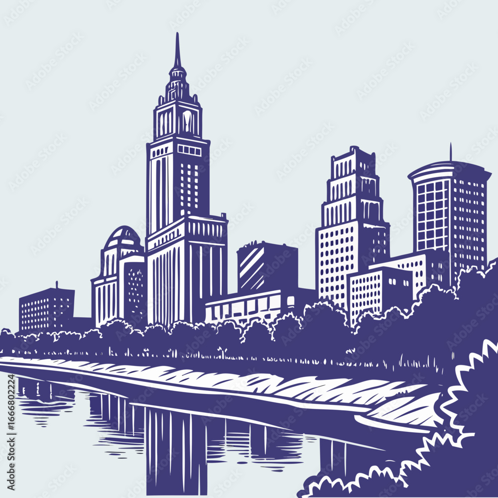 Fototapeta premium Stylized illustration of a modern city skyline with tall buildings reflected in a river