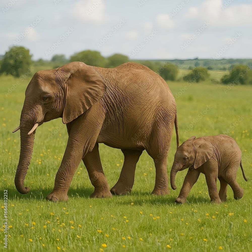 Fototapeta premium Baby elephant walking beside mother