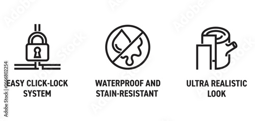 Laminate flooring bold icons - Ultra realistic look, Easy click-lock, Waterproof and Stain-resist