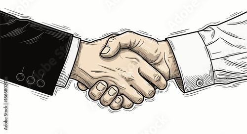 Detailed sketch of a business handshake, symbolizing agreement, partnership, trust, and successful deal completion. Professional concept.