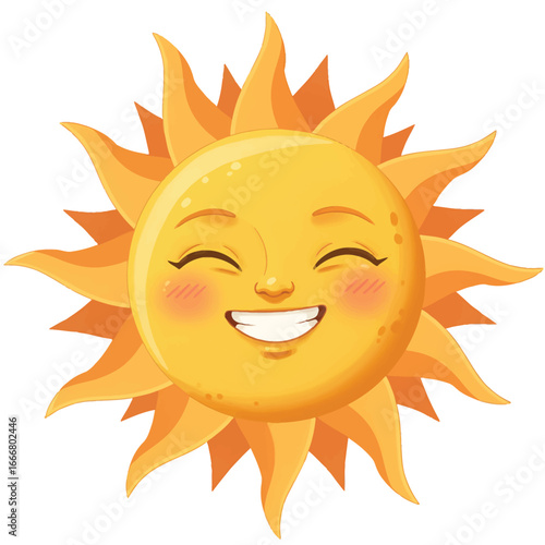 A cheerful cartoon sun character with a big happy smile closed eyes and rosy cheeks.