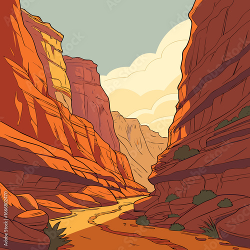 Stylized illustration of a winding river flowing through a sun drenched desert canyon with dramatic rock formations