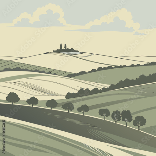 Stylized illustration of rolling green hills and fields under a cloudy sky with a distant hilltop
