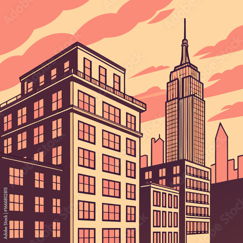 Stylized illustration of the empire state building and surrounding new york city skyscrapers at sunset