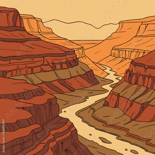 Stylized illustration of the grand canyon with a winding river flowing through its vast layered rock formations