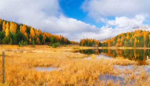 Autumn landscape. Nature. Clouds over the mountains and fall forest. Incredib...