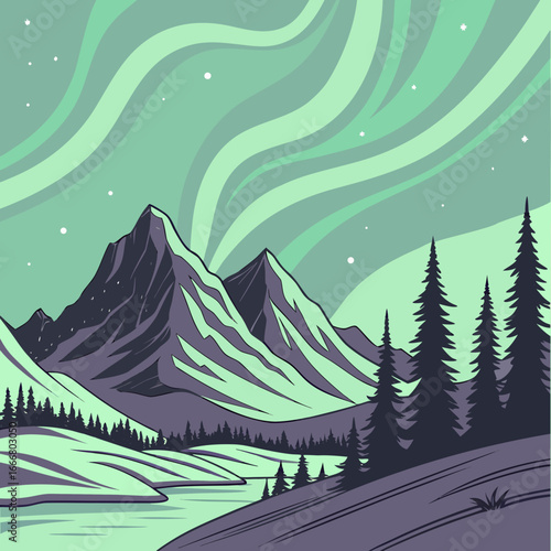 Stylized mountain landscape with vibrant green aurora borealis glowing in the night sky