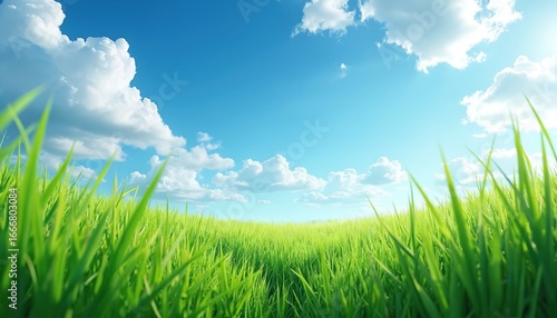 Vibrant green grass sways in gentle breeze under bright blue sky with fluffy white clouds. Serene natural landscape offers peaceful, fresh outdoor scene perfect for themes of summer, growth,