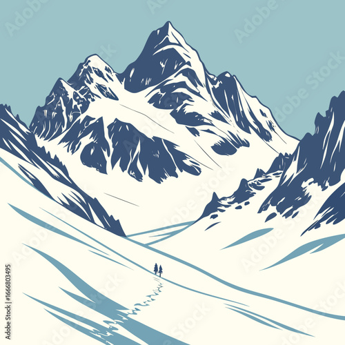 Two hikers walk on a snowy mountain path towards majestic peaks under a pale blue sky
