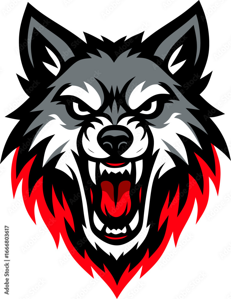 Obraz premium Fierce snarling wolf head mascot logo vector illustration. Aggressive wild animal emblem for sports team or gaming clan