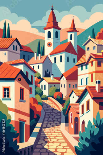 Charming European village with cobblestone street and red-roofed buildings, evoking a sense of peace and tranquility
