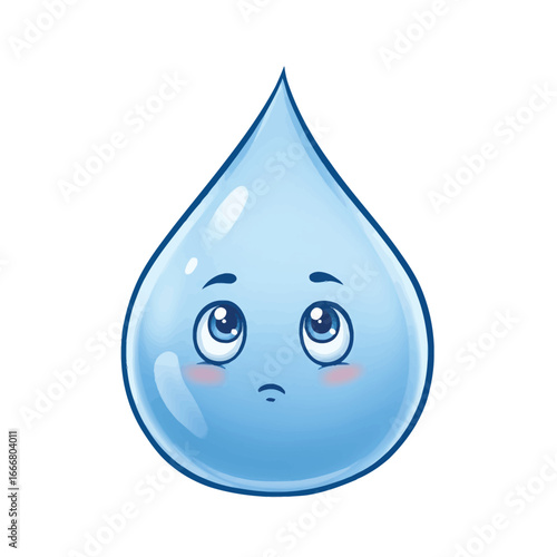 A cute cartoon water droplet character with a sad expression and big eyes looking up.