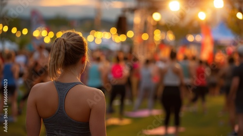 Woman Facing Outdoor Group Yoga Class at Dusk