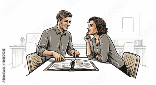 Business collaboration: Man and woman reviewing documents, discussing strategy in an office meeting. Professional team illustration.