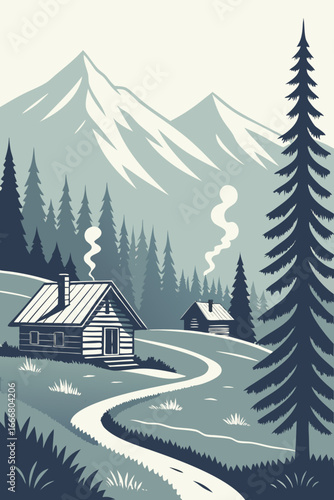Serene mountain cabin scene with cozy smoke rising, inviting travelers to escape and enjoy nature's tranquility