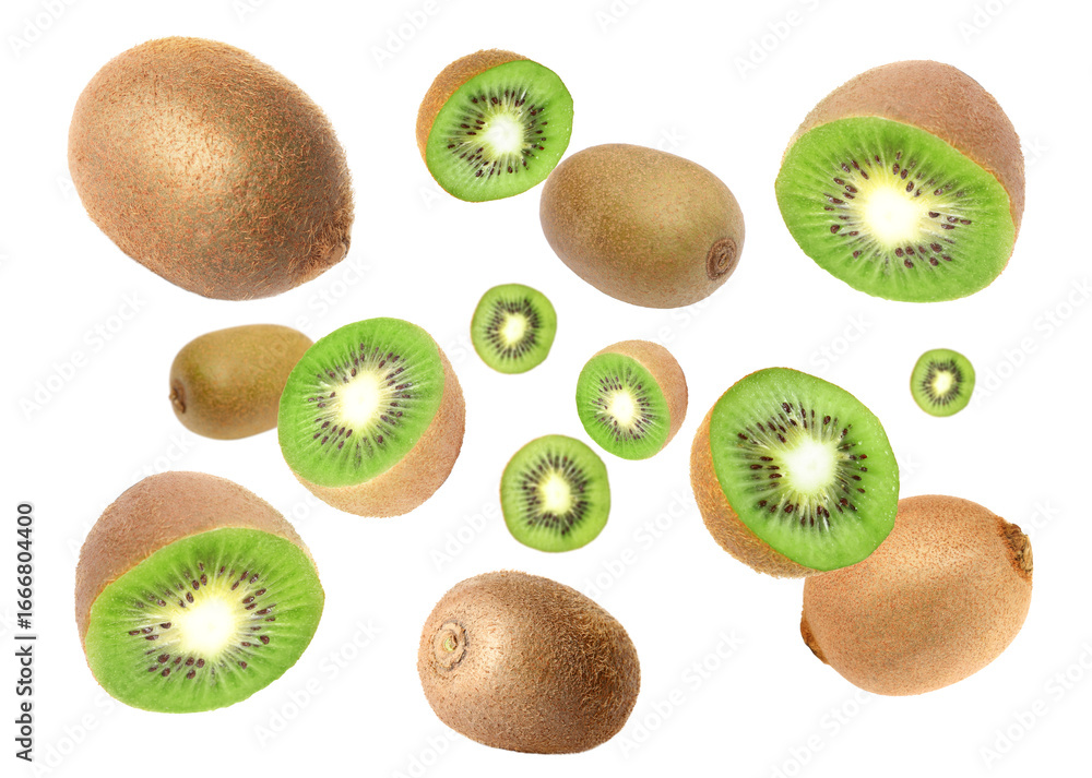 Fototapeta premium Tasty fresh kiwi fruits swirling in air against white background