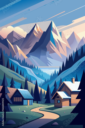 Stunning mountain vista with charming cabins and a winding path, evoking peace and tranquility in nature's embrace