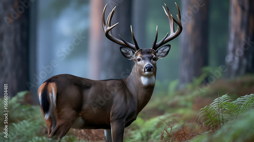 Majestic Whitetail Buck Standing Proudly in Forest Glade A Portrait of Wilderness and Wildlife Observation Amidst Ferns and Tall Trees