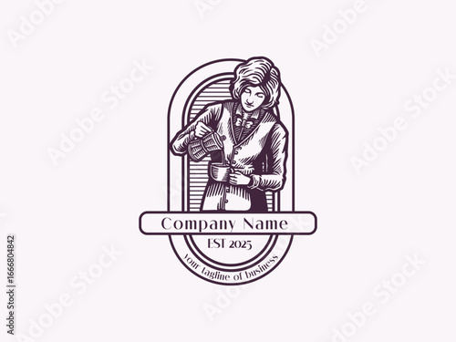 Vintage Engraving Illustration of a Woman Holding a Cup of Tea , vintage tea logo, hand drawn tea logo, coffer shop logo