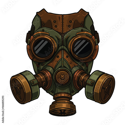 A detailed illustration of a weathered rusty and green postapocalyptic gas mask.