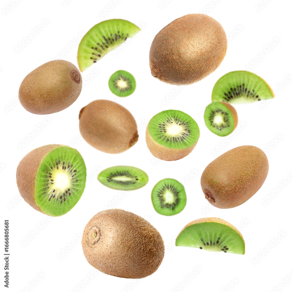 Fototapeta premium Tasty fresh kiwi fruits swirling in air against white background