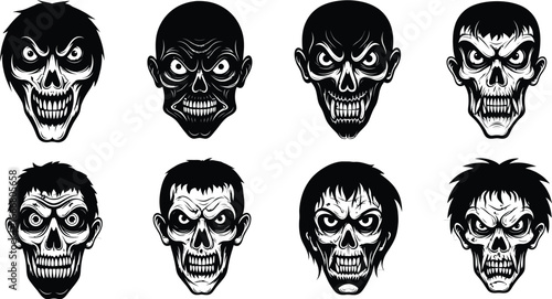 Black and white zombie heads vector illustration halloween concept art