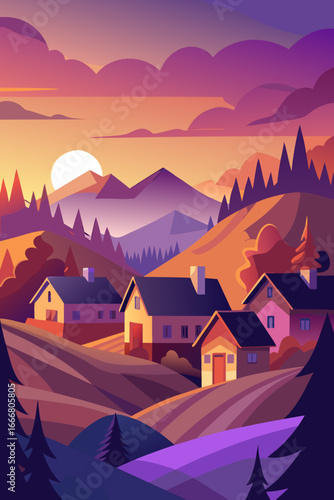 Stunning sunset over quaint village nestled in rolling hills with vibrant colors and warm inviting atmosphere