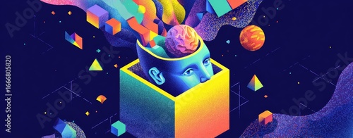 Abstract colorful geometric art of a head in a box with a brain
