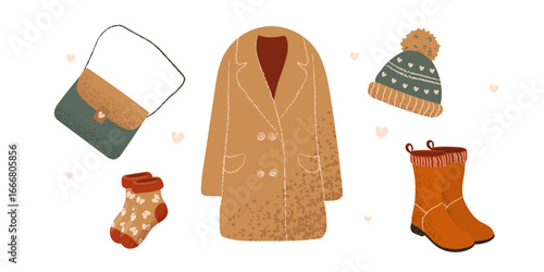 Autumn clothes. Texture style. Women's fashionable outfits for autumn and spring, fashion store. Vector flat illustration. Coat, boots, sweaters and pants, bag, socks.