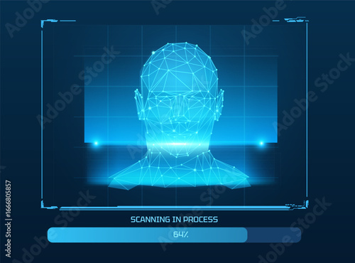 Biometric technology digital face scanning in process, facial recognition system, vector blue polygonal identification