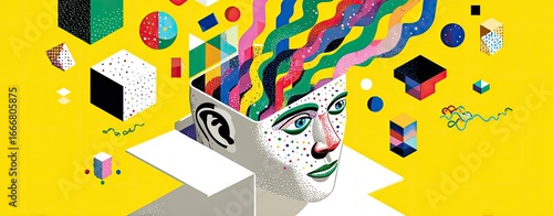 Colorful abstract head with geometric shapes and swirling elements