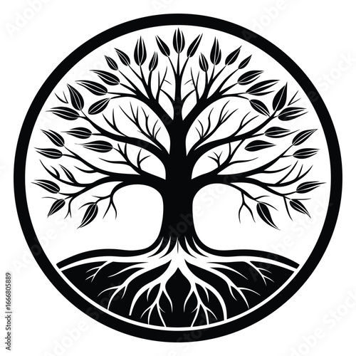 Intricate Black Tree of Life Symbol with Roots and Leaves in Circle