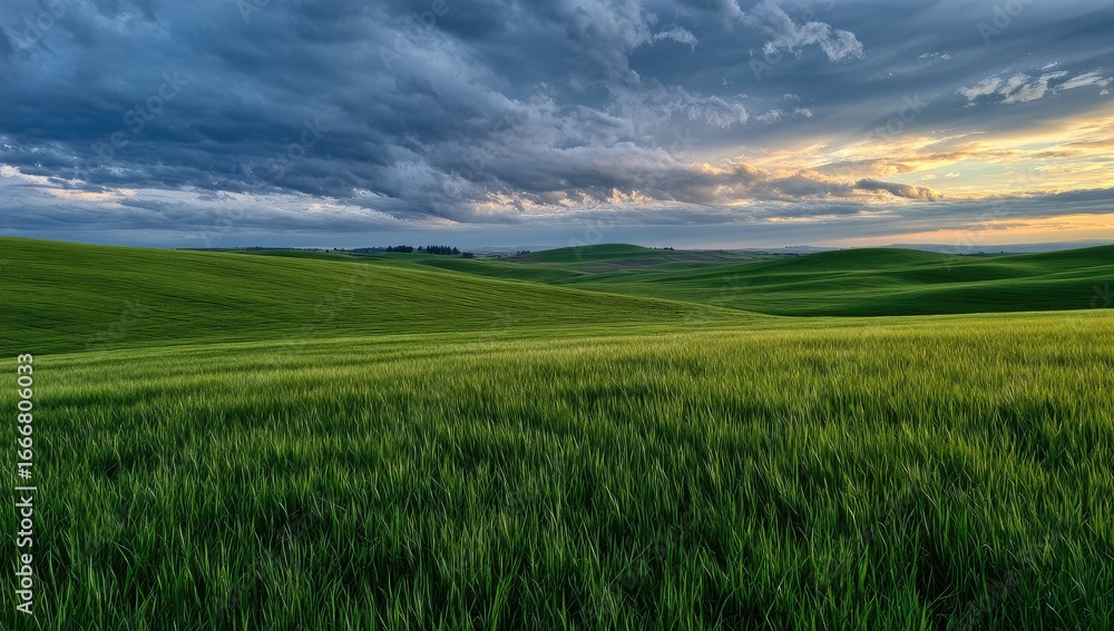 Obraz premium Vast, rolling green fields under a dramatic sky