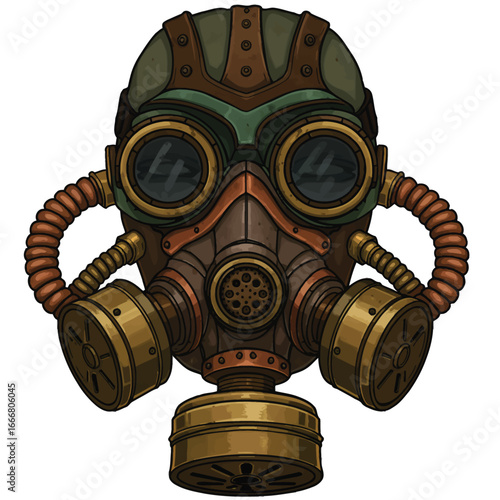 A detailed illustration of an industrial steampunk gas mask with dual canisters corrugated hoses and brass fittings.