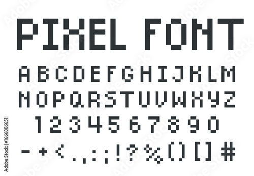 English alphabet pixel art, 8 bit uppercase letters, numbers and punctuation marks, vector font, typographic symbols
