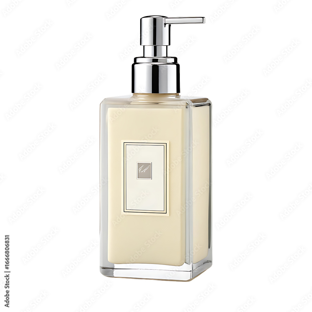Obraz premium Elegant clear glass liquid soap dispenser with silver pump transparent background