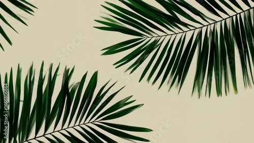 Dark green palm fronds arranged on a pale beige background