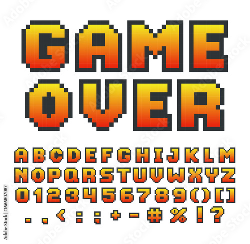 English alphabet pixel art, bitmap 8 bit letters, numbers and punctuation marks, vector pixel font, typographic symbols