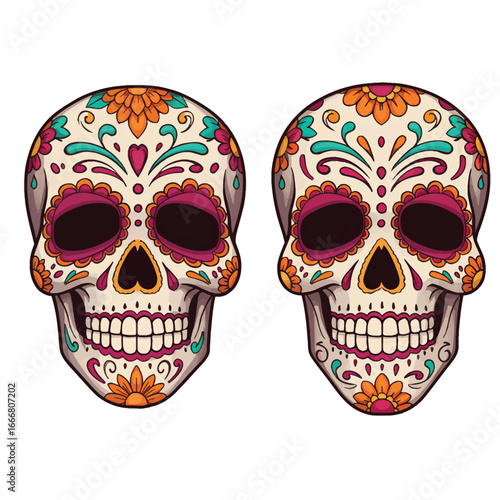 A pair of colorful ornate Mexican sugar skulls with floral Day of the Dead decorations.