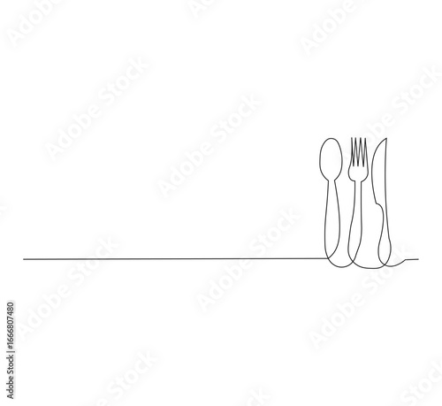 Continuous Single Line Drawing of spoon, fork and knife, Minimalist Monoline Cutlery Illustration, Simple Contour Vector of Kitchen Utensils on White Background for Dining, Cafe and Restaurant Design