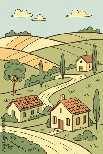 Charming countryside scene with rolling hills, quaint houses, and winding roads evokes peaceful rural living