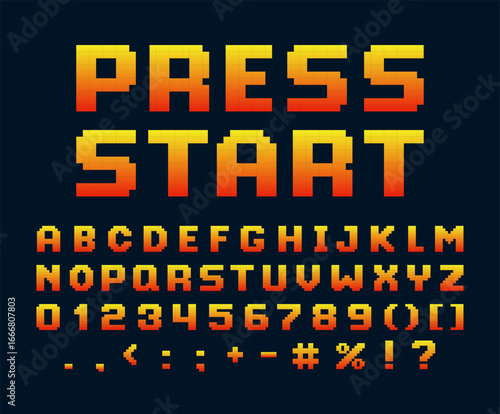 English alphabet pixel font, 8 bit letters, numbers and punctuation marks, PRESS START text, vector typographic symbols