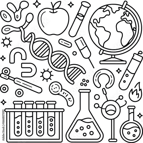 Explore and discover: a chaotic yet captivating vector illustration filled with various scientific symbols and icons.