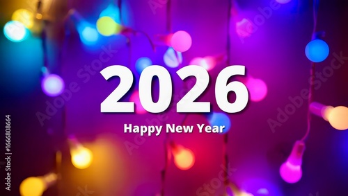 Festive Happy New Year 2026 bright colorful lights cheerful background
