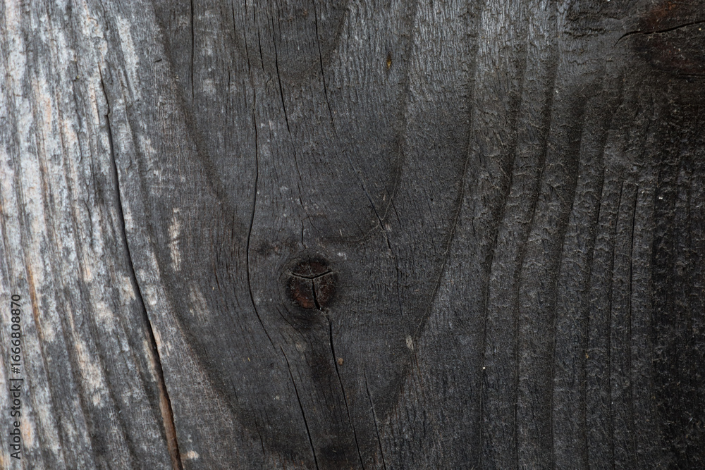 The texture of an old, darkened wooden board with deep cracks and a knot, creating a natural and vintage background.