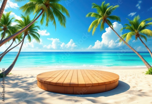 A circular wooden platform sits on a pristine sandy beach, framed by lush palm trees under a vibrant blue sky; a tranquil tropical paradise scene