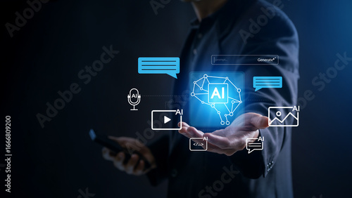 Businessman holding smartphone with AI interface generating digital content including images, text, code, and video, representing the future of content automation, creative tools, and ads