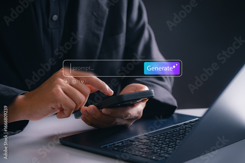 Prompt AI generation concept. man using smartphone to enter AI prompt and generate digital content, showcasing automation, creativity, and productivity tools for content creation and marketing